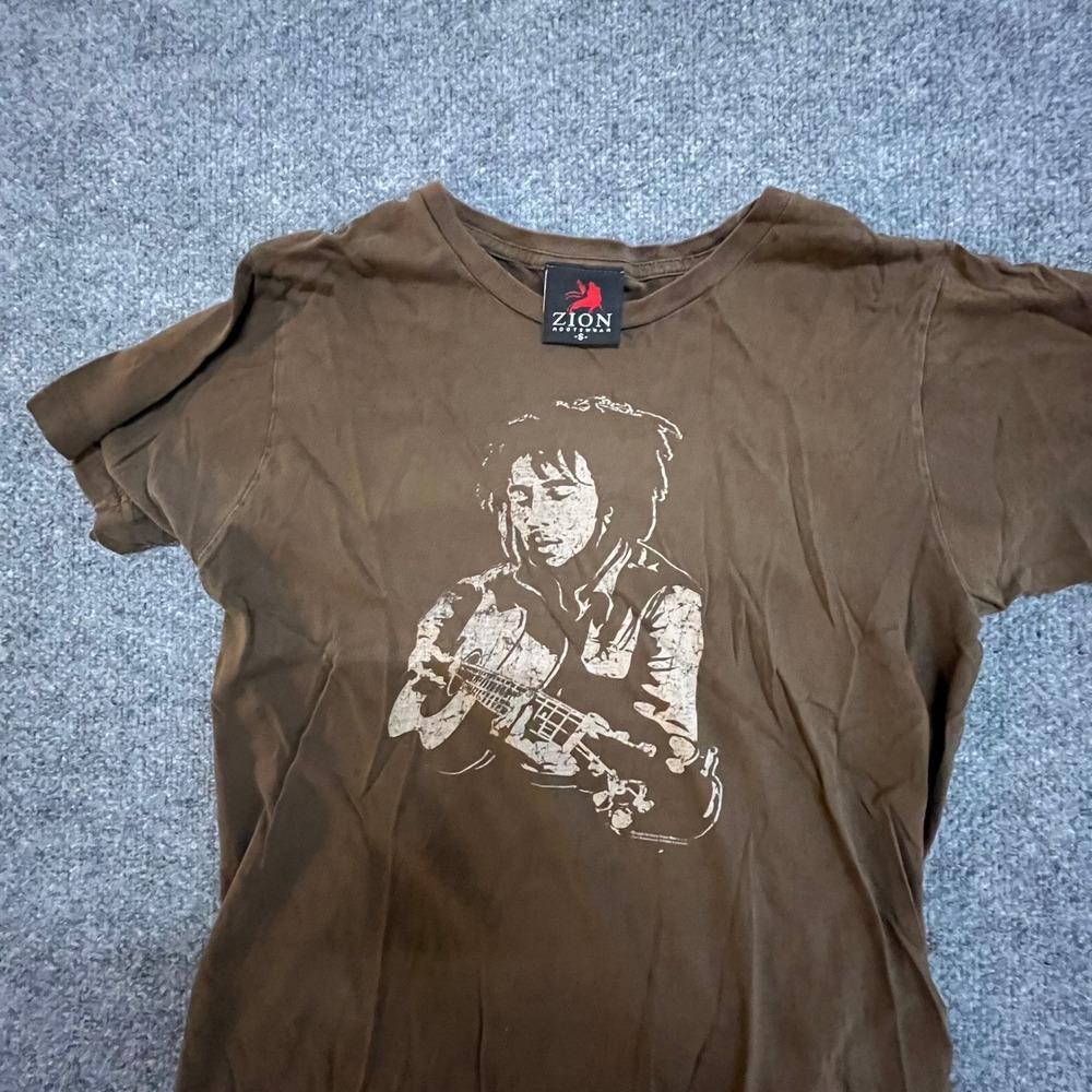 Zion Rootswear T-Shirt Mens Size S Brown Bob Marley Graphic Guitar Reggae Tee